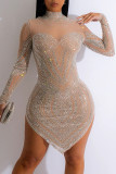Apricot Sexy Solid Patchwork Hot Drill O Neck Irregular Dress Dresses