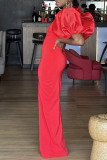 Red Sexy Solid Hollowed Out Patchwork Fold Square Collar One Step Skirt Dresses