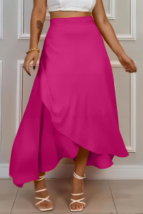 Rose Red Casual Solid Bandage Patchwork Asymmetrical High Waist Straight Solid Color Bottoms