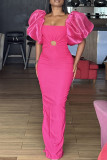 Red Sexy Solid Hollowed Out Patchwork Fold Square Collar One Step Skirt Dresses