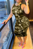Rose Red Sexy Camouflage Print Patchwork U Neck Pencil Skirt Dresses