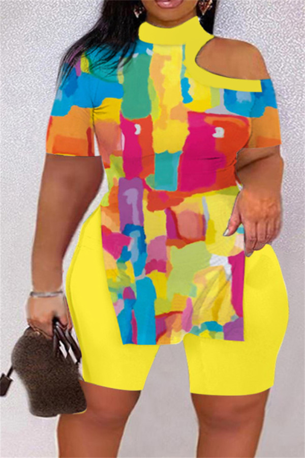 Yellow Casual Print Hollowed Out Slit Printing Contrast Turtleneck Short Sleeve Two Pieces
