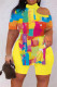 Yellow Casual Print Hollowed Out Slit Printing Contrast Turtleneck Short Sleeve Two Pieces