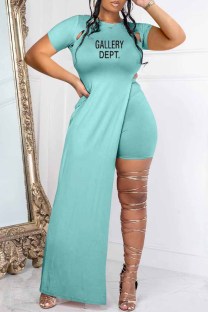 Lake Blue Sexy Print Slit Letter O Neck Short Sleeve Two Pieces