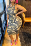 Camouflage Sexy Camouflage Print Patchwork U Neck Pencil Skirt Dresses