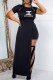 Black Elegant Print Letter O Neck Short Sleeve Two Pieces