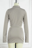 Grey Casual Solid Patchwork Pocket Half A Turtleneck Long Sleeve Two Pieces