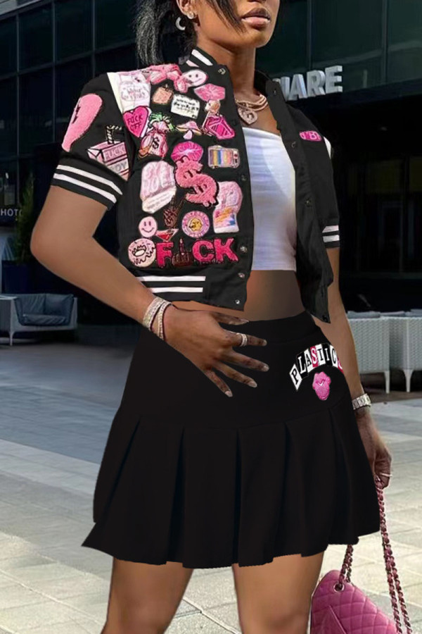 Black Casual Street Print Patchwork Buckle Fold Short Sleeve Two Pieces