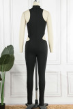 Black Sexy Solid Hollowed Out Patchwork Half A Turtleneck Skinny Jumpsuits