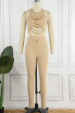 Khaki Sexy Street Solid Hollowed Out Make Old Patchwork O Neck Sleeveless Two Pieces