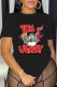 Black Casual Character Print Letter O Neck T-Shirts