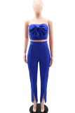 Blue Sexy Solid Patchwork Slit With Bow Strapless Sleeveless Two Pieces