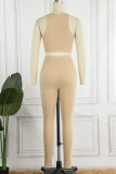 Khaki Sexy Street Solid Hollowed Out Make Old Patchwork O Neck Sleeveless Two Pieces