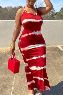 Red Fashion Print Backless Spaghetti Strap Long Dress
