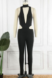 Black Sexy Solid Hollowed Out Patchwork Half A Turtleneck Skinny Jumpsuits