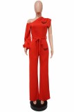 Red Casual Street Print Letter One Shoulder Jumpsuits