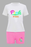 White Pink Casual Print Letter O Neck Short Sleeve Two Pieces