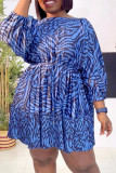 Blue Casual Print Patchwork Fold O Neck A Line Dresses