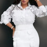 White Casual Solid Patchwork Buckle Appliques Turndown Collar Tops(Without Underwear)