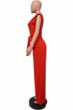 Red Casual Street Print Letter One Shoulder Jumpsuits