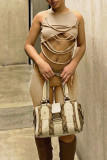 Khaki Sexy Street Solid Hollowed Out Make Old Patchwork O Neck Sleeveless Two Pieces