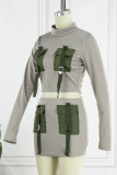 Grey Casual Solid Patchwork Pocket Half A Turtleneck Long Sleeve Two Pieces