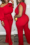 Red Casual Street Print Letter One Shoulder Jumpsuits