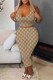 Deep Coffee Sexy Print Letter U Neck Sleeveless Two Pieces