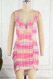 Pink Sexy Print Patchwork Fold Spaghetti Strap Pencil Skirt Dresses
