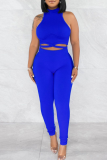Blue Sexy Solid Patchwork Halter Sleeveless Two Pieces