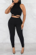 Black Sexy Solid Patchwork Halter Sleeveless Two Pieces