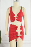 Red Sexy Solid Bandage Patchwork U Neck Sleeveless Two Pieces