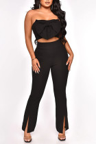 Black Sexy Solid Patchwork Slit With Bow Strapless Sleeveless Two Pieces