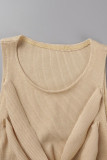 Khaki Sexy Street Solid Hollowed Out Make Old Patchwork O Neck Sleeveless Two Pieces