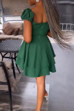 Green Sweet Solid Patchwork Frenulum Fold Square Collar A Line Dresses