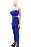 Blue Sexy Solid Patchwork Slit With Bow Strapless Sleeveless Two Pieces