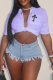 Purple Fashion Print Embroidered V Neck T-Shirts