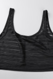Red Street Solid Patchwork See-through U Neck Two Pieces