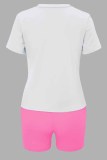 White Pink Casual Print Letter O Neck Short Sleeve Two Pieces