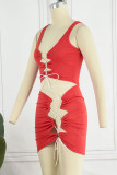 Red Sexy Solid Bandage Patchwork U Neck Sleeveless Two Pieces