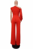 Red Casual Street Print Letter One Shoulder Jumpsuits