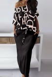 Black Casual Print Basic Oblique Collar Half Sleeve Two Pieces