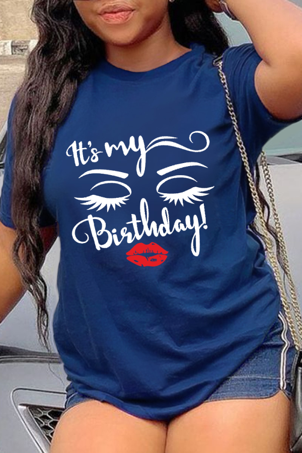 Navy Blue Daily Vintage Print Patchwork O Neck T-Shirts