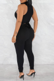 Blue Sexy Solid Patchwork Halter Sleeveless Two Pieces