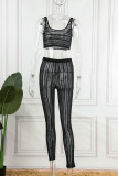 Red Street Solid Patchwork See-through U Neck Two Pieces