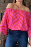 Pink Casual Print Patchwork Off the Shoulder Tops