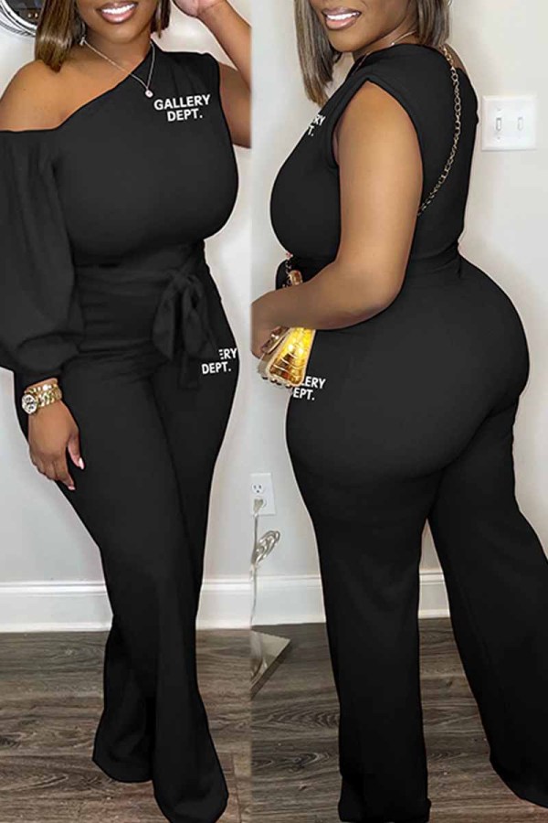 Black Casual Street Print Letter One Shoulder Jumpsuits