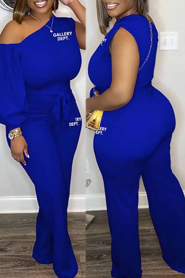 Blue Casual Street Print Letter One Shoulder Jumpsuits