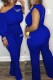 Blue Casual Street Print Letter One Shoulder Jumpsuits