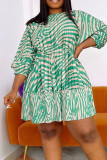Blue Casual Print Patchwork Fold O Neck A Line Dresses